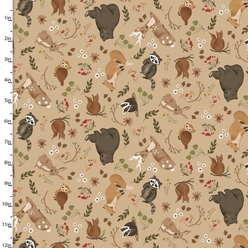 Cozy Forest Tossed Animals Tan Elaine Kay 3 Wishes Cotton Fabric