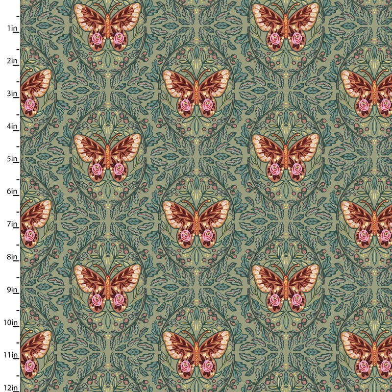 Folk Flora Mirrored Butterfly Green Caroline Alfreds 3 Wishes Cotton Fabric