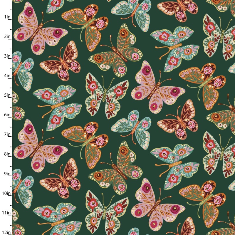 Folk Flora Tossed Butterfly Green Caroline Alfreds 3 Wishes Cotton Fabric