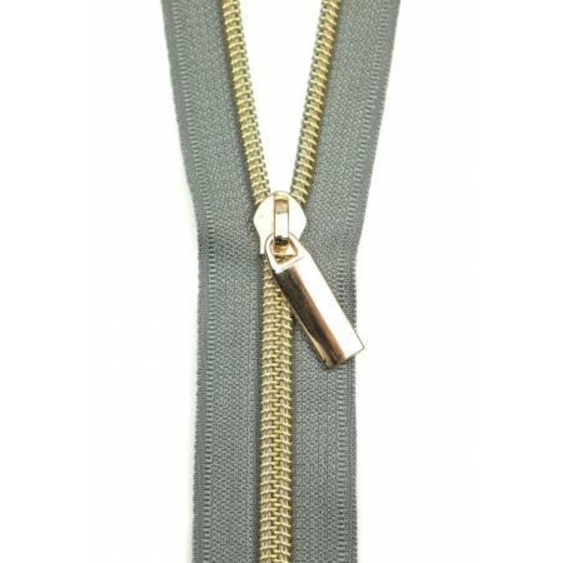 Zippers By The Yard Grey Tape 3 yds #5 nylon coil & 9 pulls - Gold