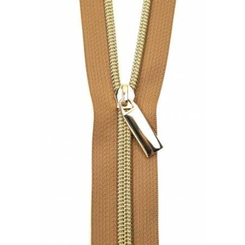Zippers By The Yard Natural Tape 3 yds #5 nylon coil & 9 pulls gold