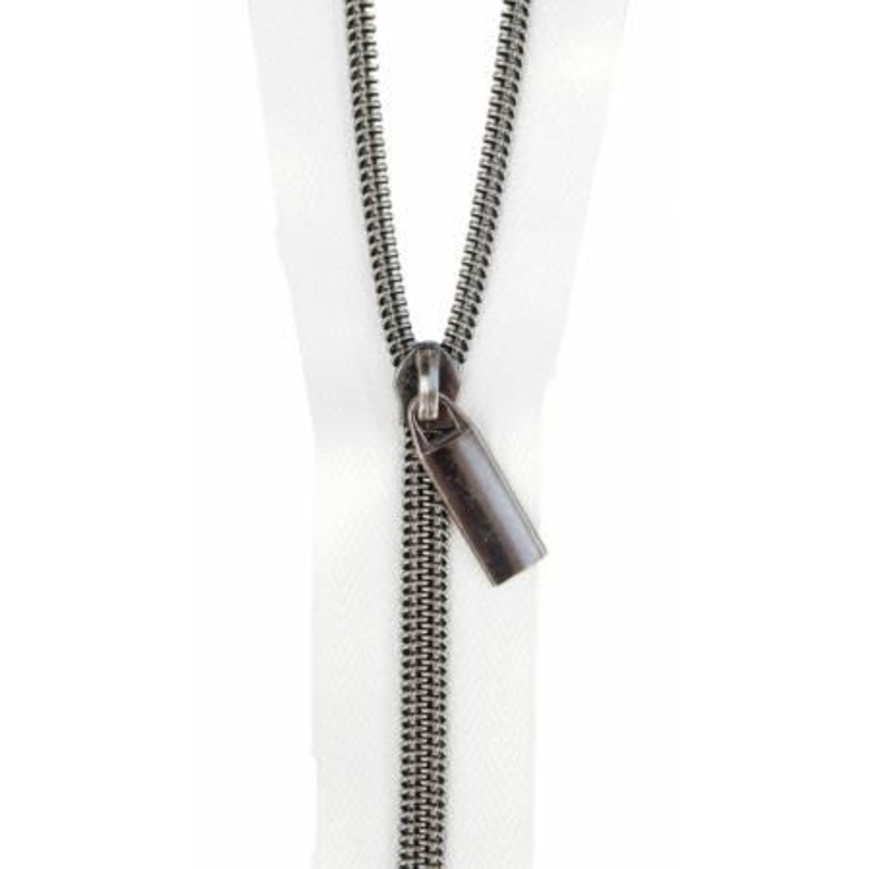 Zippers By The Yard White Tape Gunmetal pulls