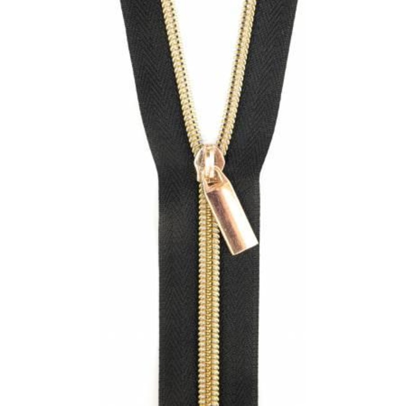 Zippers By The Yard Black Tape 3 yds #5 nylon coil & 9 gold pulls