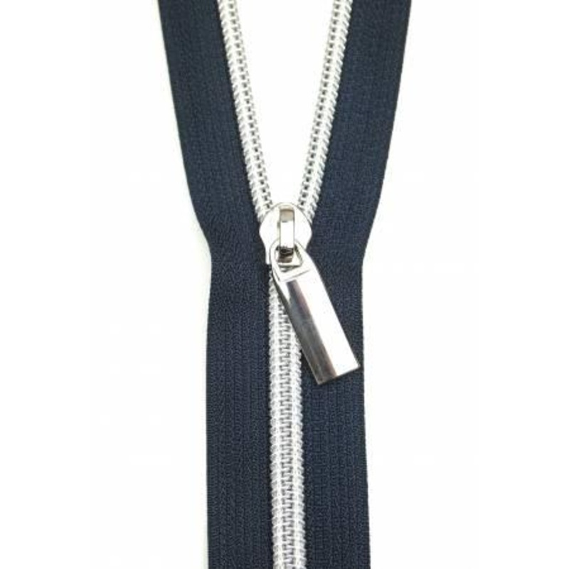 Zippers By The Yard Navy Nickel Pulls #5 nylon coil & 9 pulls - Nickel