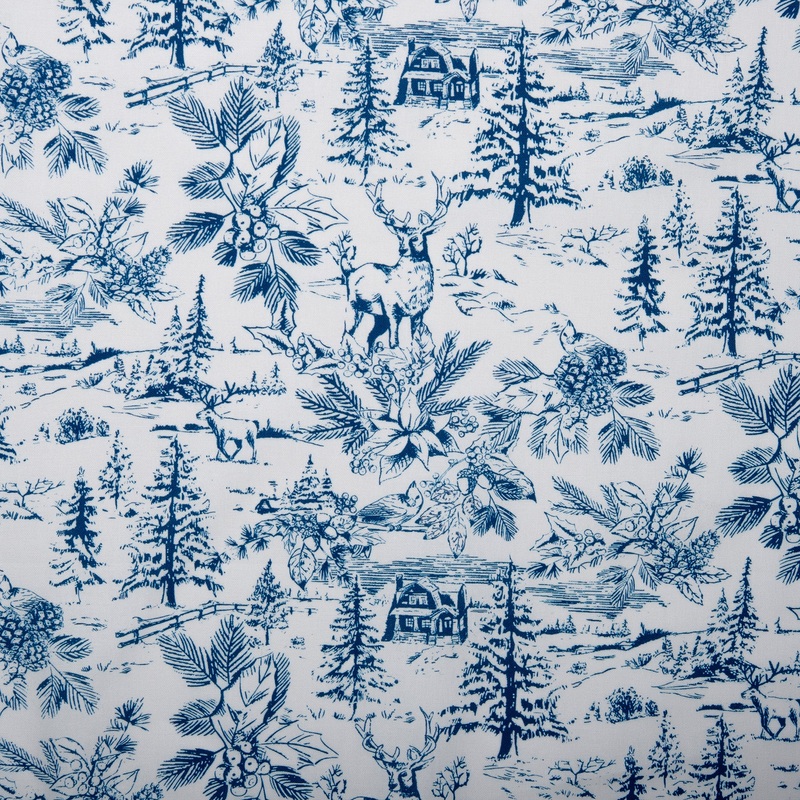 Winter Toile Print - Firs / Poinsettia - Blue