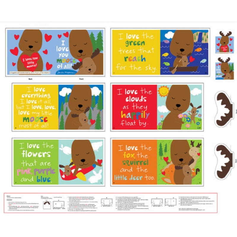 P374 - Huggable and Loveable 14 Quilt Fabric - I Love You Moose Book Panel - 8182P-01 - SOLD AS A 36" PANEL