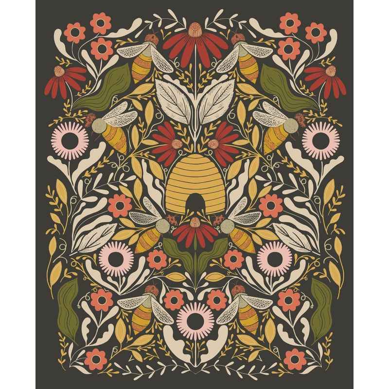 P375 - Bee Garden Quilt Fabric - Bee Garden Panel in Black - 48418 21M - SOLD AS A 36" PANEL